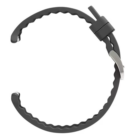 Ciemnoszary silikonowy pasek do zegarka. Pasek do zegarka jest zakrzywiony i ma sprzączkę do zapięcia.