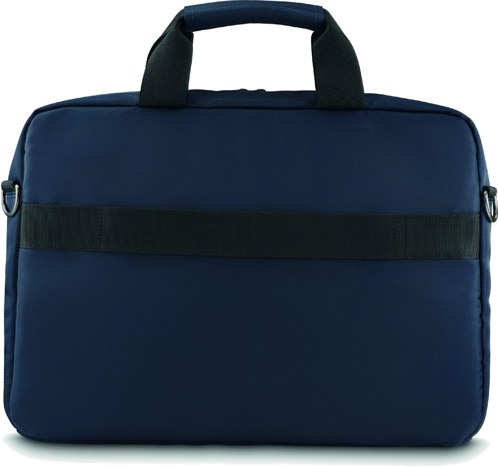 Granatowa teczka z uchwytem, paskiem na ramię i czarnym paskiem pośrodku.