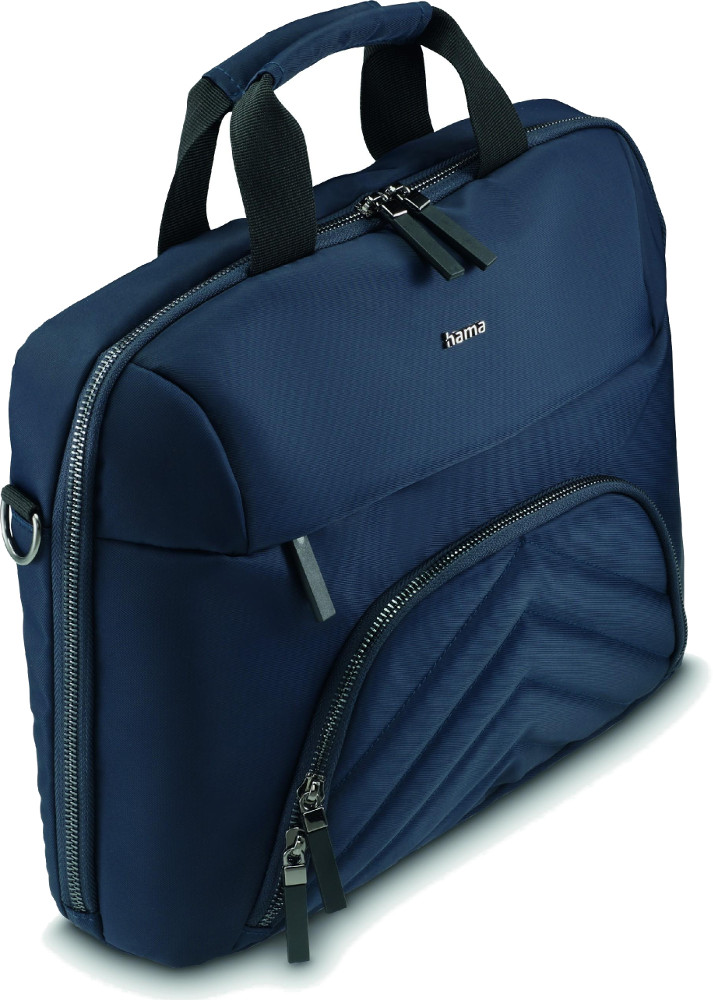 Granatowa torba na laptopa Hama z wieloma przegrodami zapinanymi na zamek i paskiem na ramię.