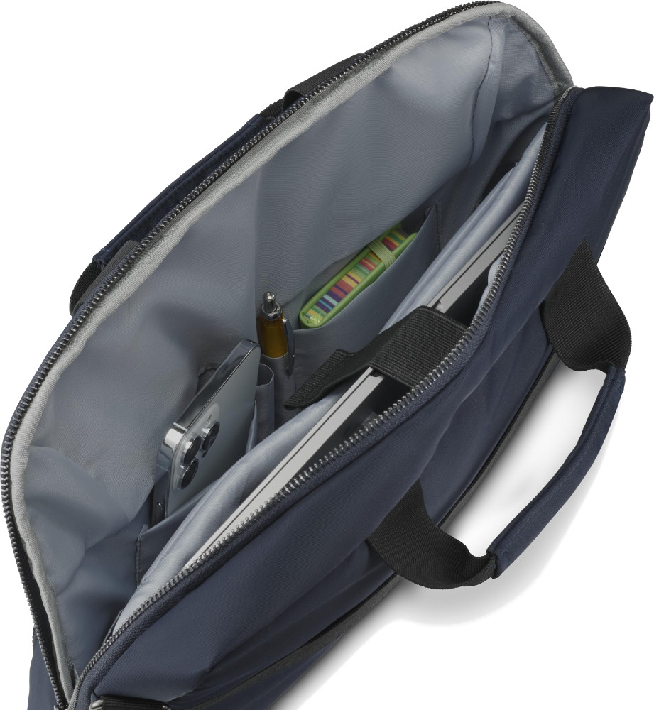 Otwarta granatowa torba na laptopa z laptopem, telefonem, długopisem i kolorowymi karteczkami.