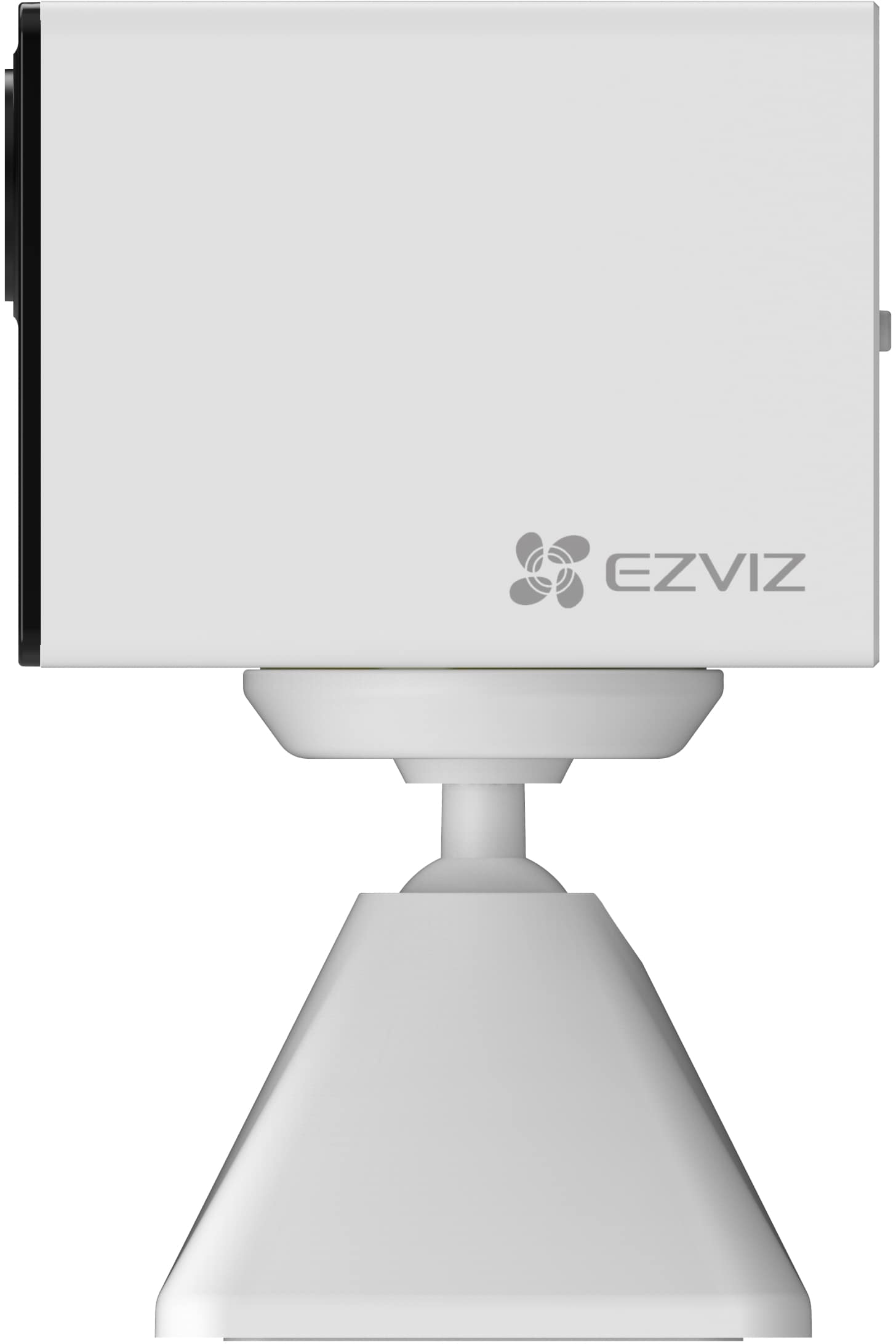 Weiße Überwachungskamera auf weißem Sockel montiert. Das EZVIZ-Logo ist sichtbar.