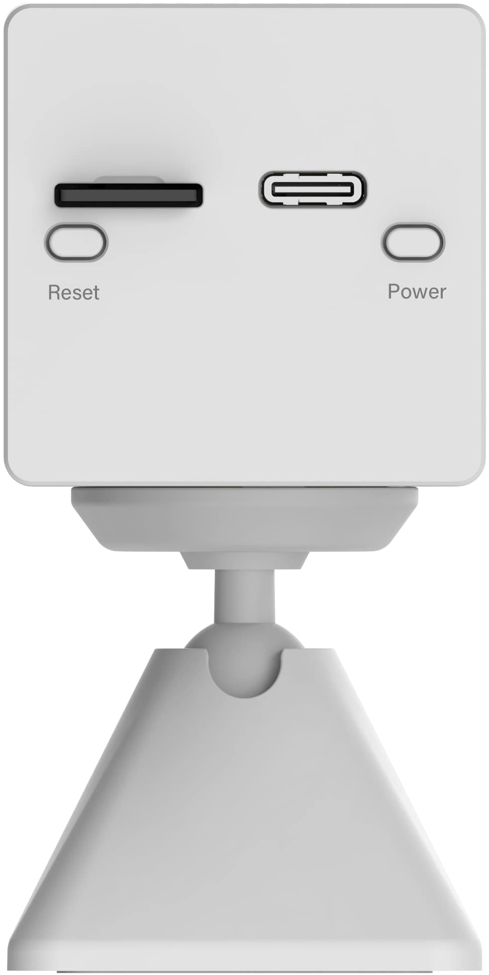 Weiße Sicherheitskamera-Basis mit Anschlüssen: Reset, SD-Karte, USB-C, Strom.