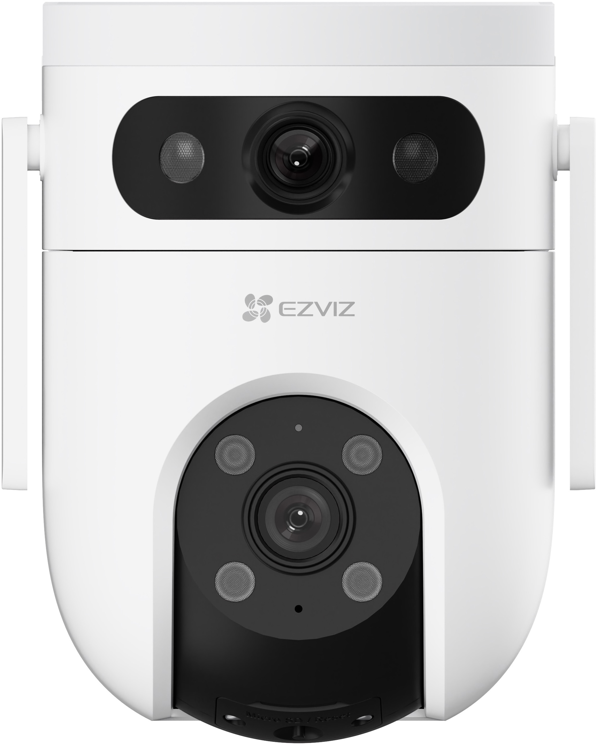 Caméra de sécurité blanche avec deux lentilles sur fond noir.
