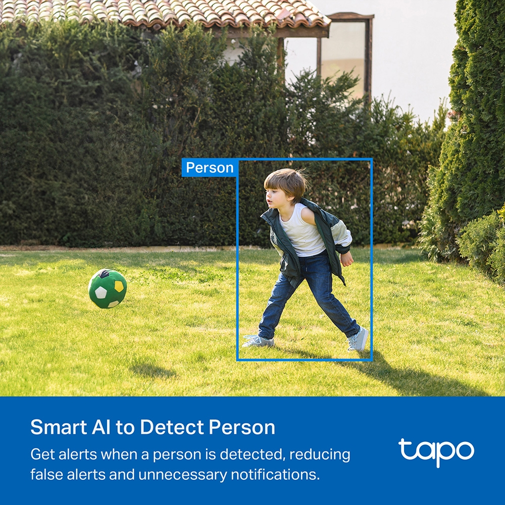 Ein Kind im Garten, als 'Person' gekennzeichnet, mit einem grün-gelben Ball. Intelligente KI erkennt eine Person.