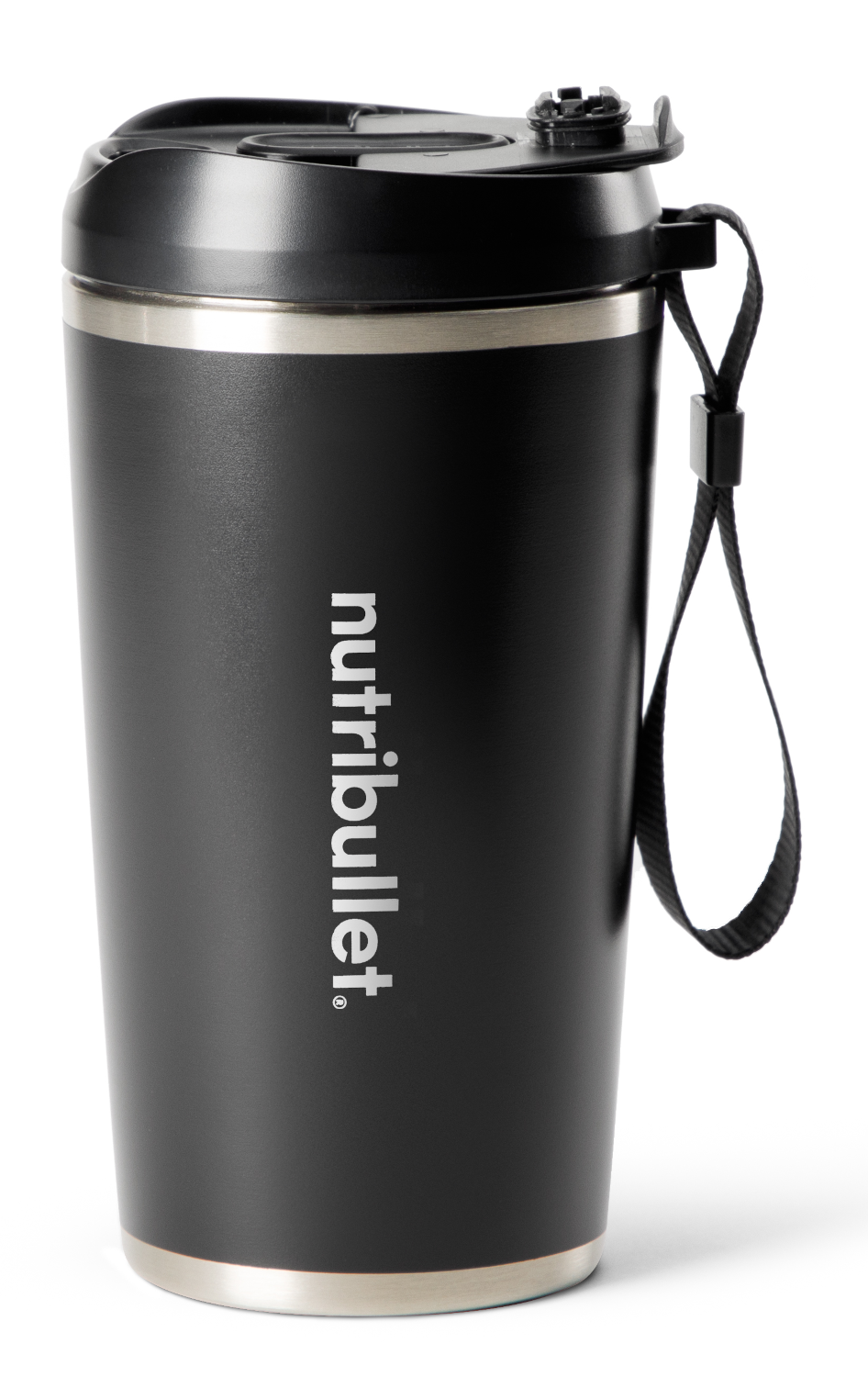 Fekete Nutribullet pohár, fehér márkajelzéssel és fekete pánttal.