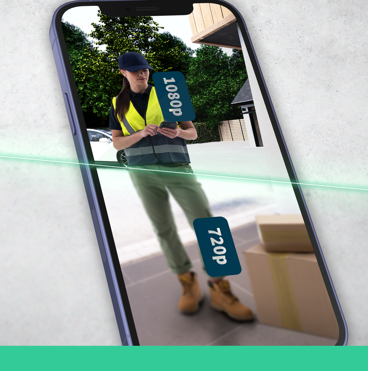 Egy telefon kézbesítőt mutat dobozokkal, 1080p és 720p feliratokkal.