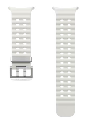 Dwa białe paski do zegarków. Jeden jest zapięty klamrą, drugi jest otwarty z otworami.