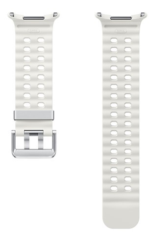 Biały pasek do zegarka z prążkowanym wzorem i srebrną klamrą.