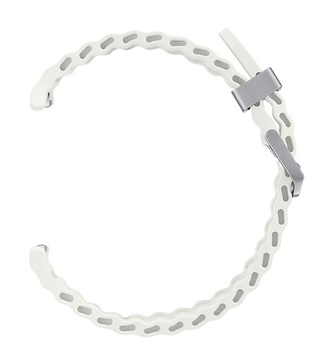 Biały pasek do zegarka z łańcuchowym wzorem i srebrną klamrą, na białym tle.