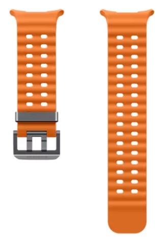 Dwa pomarańczowe paski do zegarka, jeden z klamrą. Oba mają otwory do regulacji.