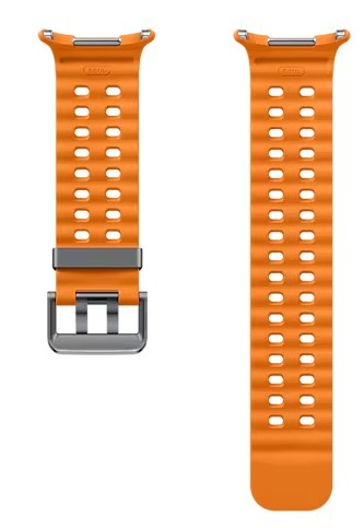 Dwa pomarańczowe paski do zegarków z otworami i srebrnymi sprzączkami.