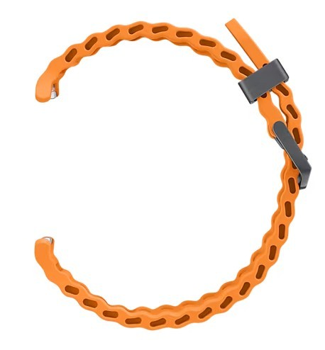 Pomarańczowy pasek do smartwatcha z czarną klamrą, pokazany na białym tle.