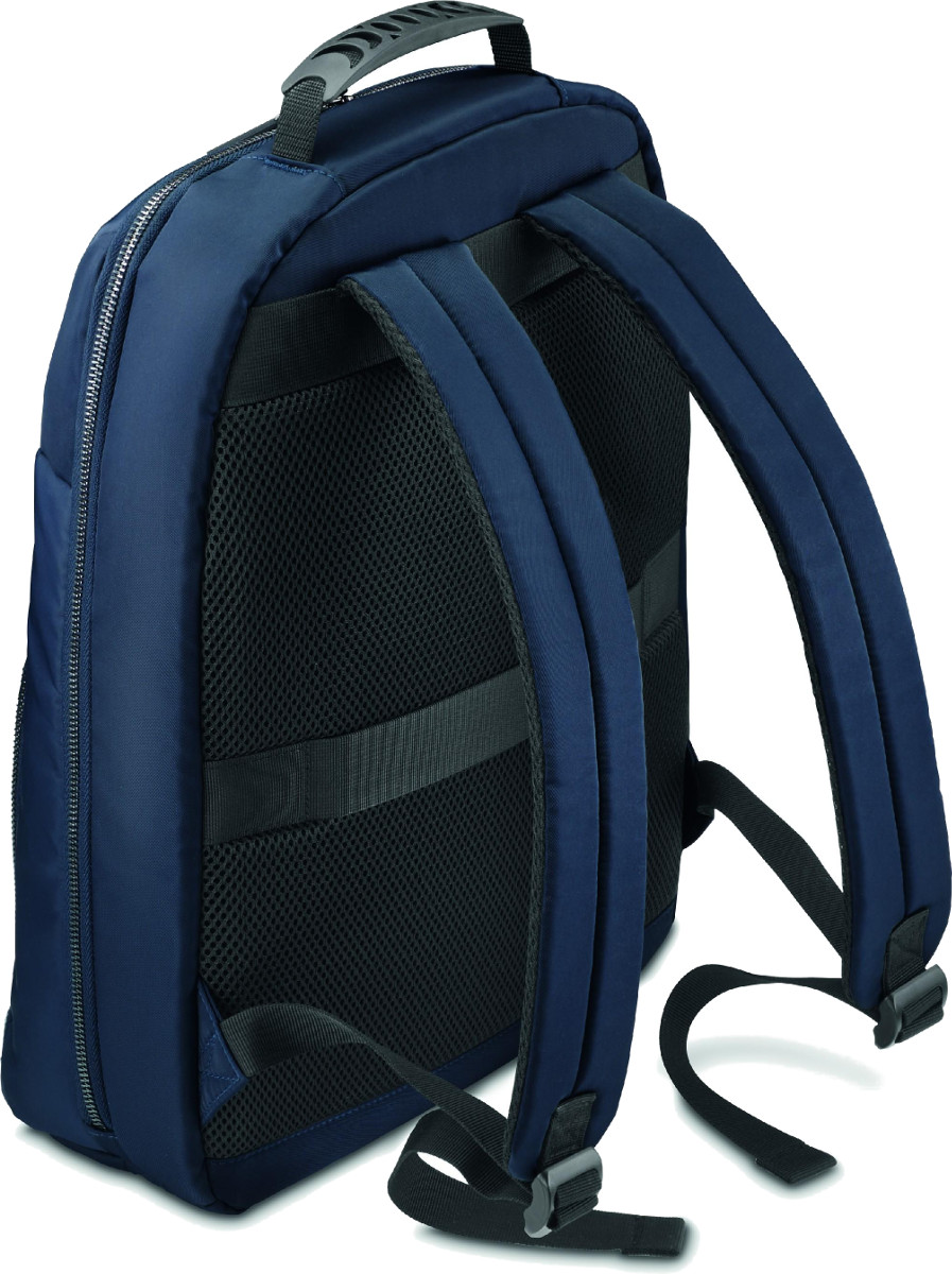 Granatowy plecak z czarnymi paskami, uchwytem i siatkowym tyłem. Zamek błyskawiczny na górze i z boku.