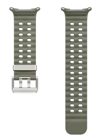 Dwa oliwkowozielone paski do zegarków z otworami i metalowymi sprzączkami, obok siebie na białym tle.