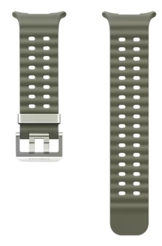 Dwa oliwkowozielone paski do smartwatcha, jeden z zapięciem, na białym tle.