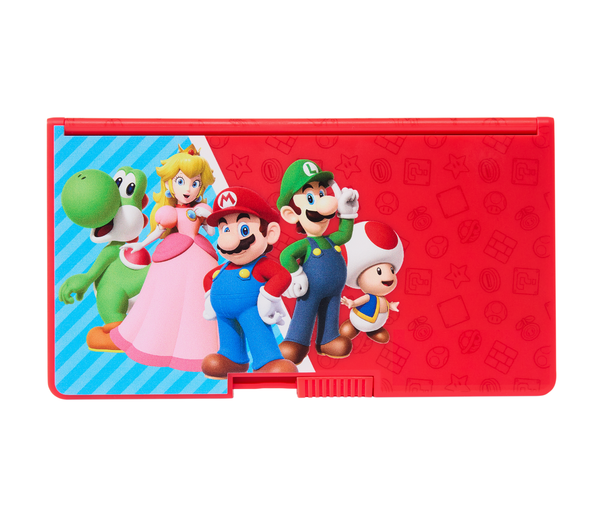 Ein rotes Nintendo Switch-Etui mit Mario- und Freundes-Charakteren darauf.