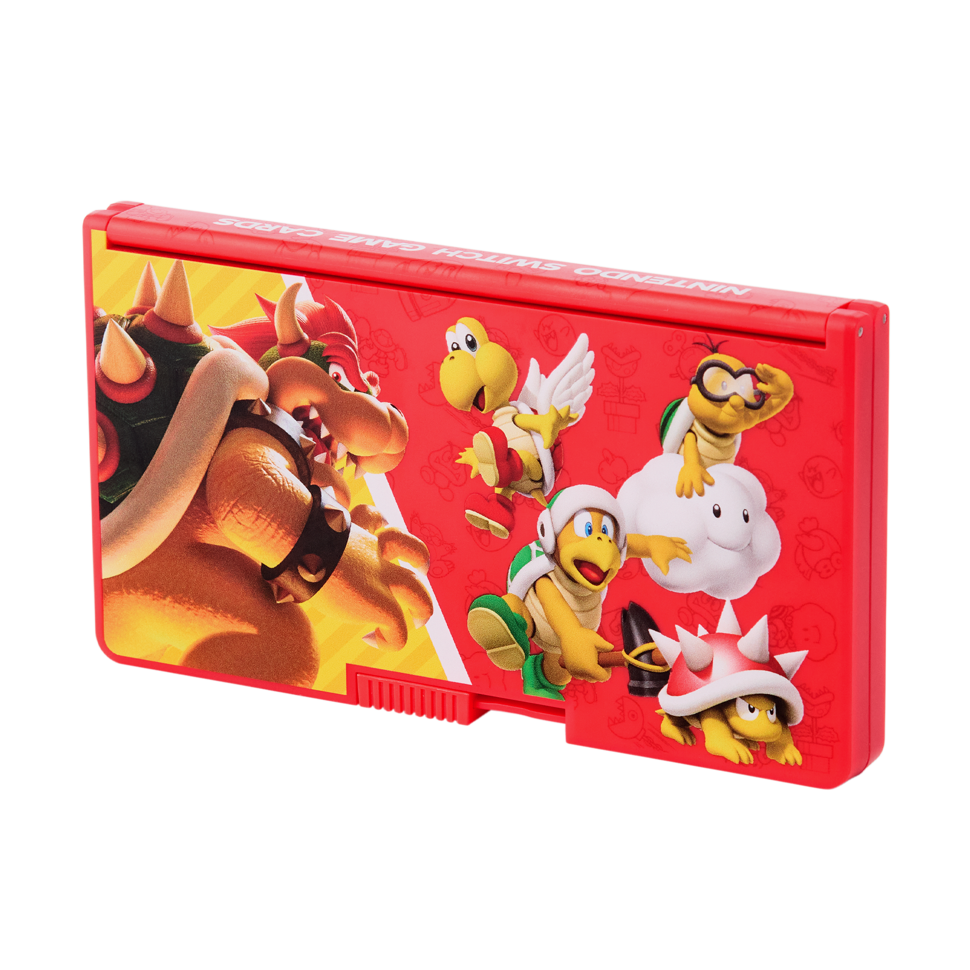 Ein rotes Nintendo Switch-Spieleetui mit Zeichentrickfiguren. Figuren sind Bowser und verschiedene Koopa Troopas.