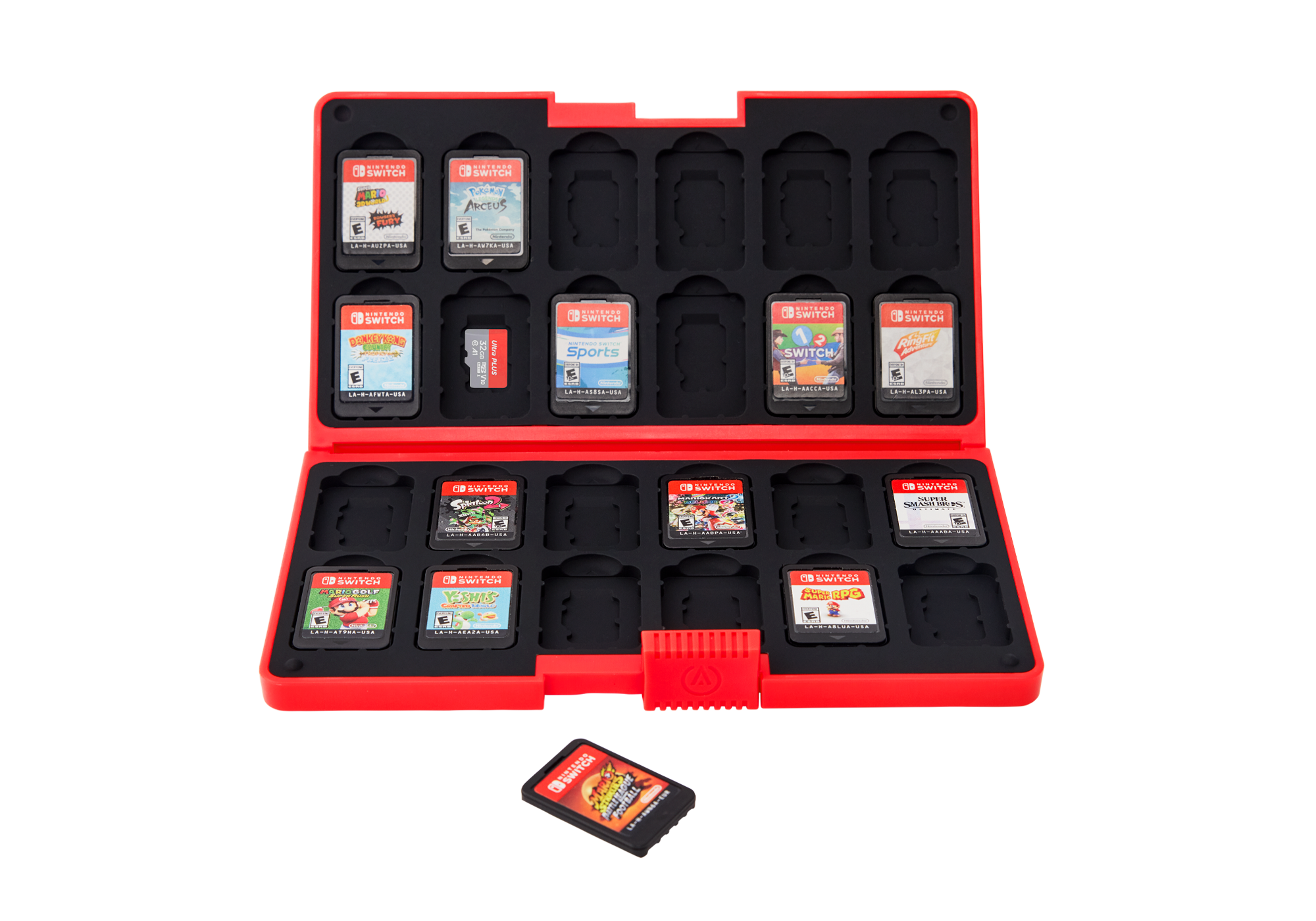Ein rotes Etui mit mehreren Nintendo Switch-Spielkassetten.