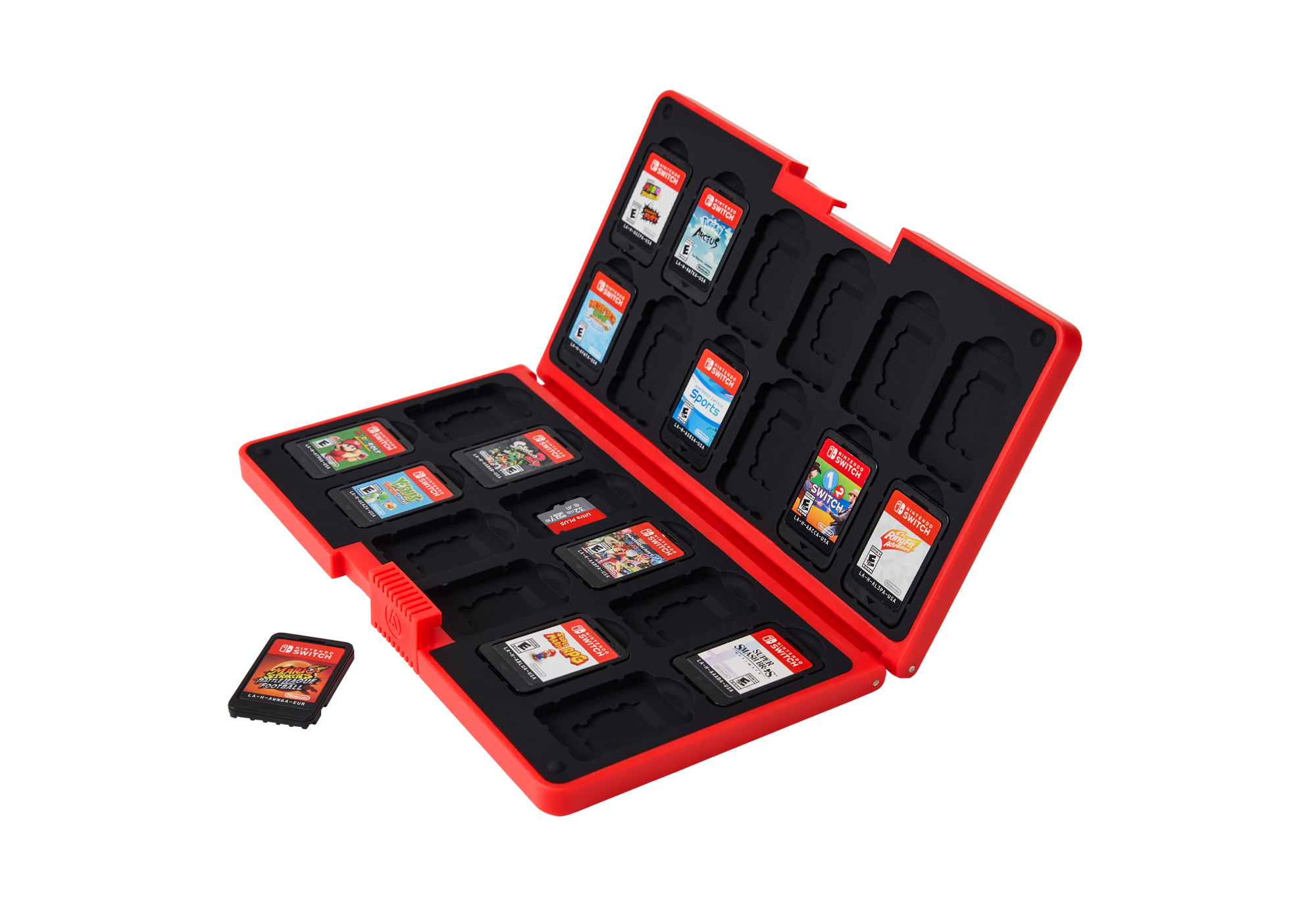 Ein rotes Etui mit mehreren Nintendo Switch-Spielekassetten, geöffnet.