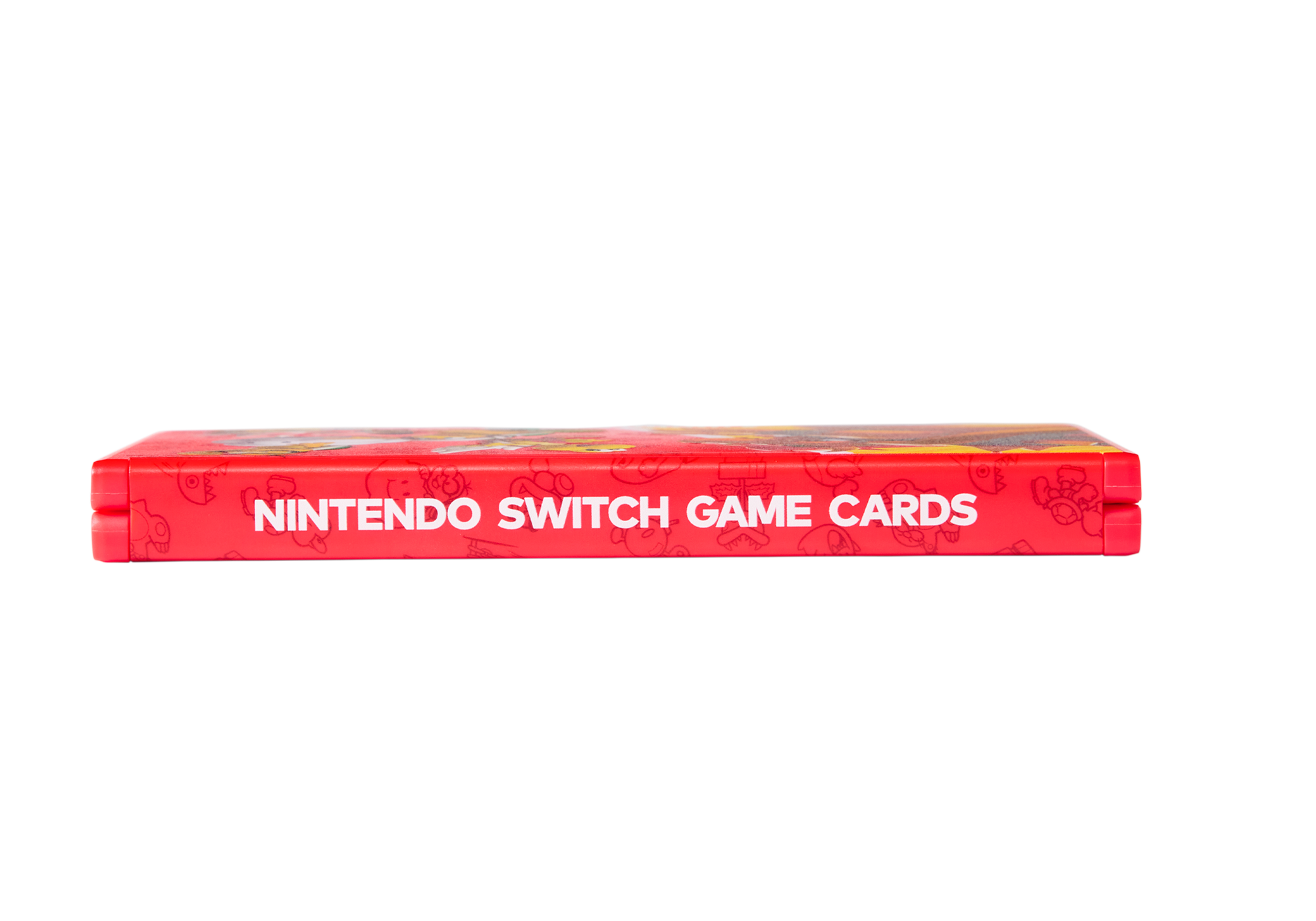 Rotes Nintendo Switch Spielkartenetui mit weißem Text. Schwarzer Hintergrund.