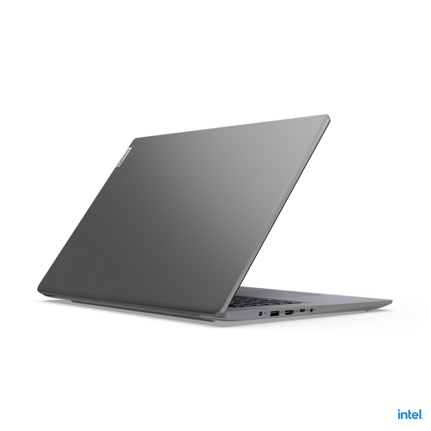 Grey Lenovo laptop, back view, slightly open. The Lenovo logo is visible.