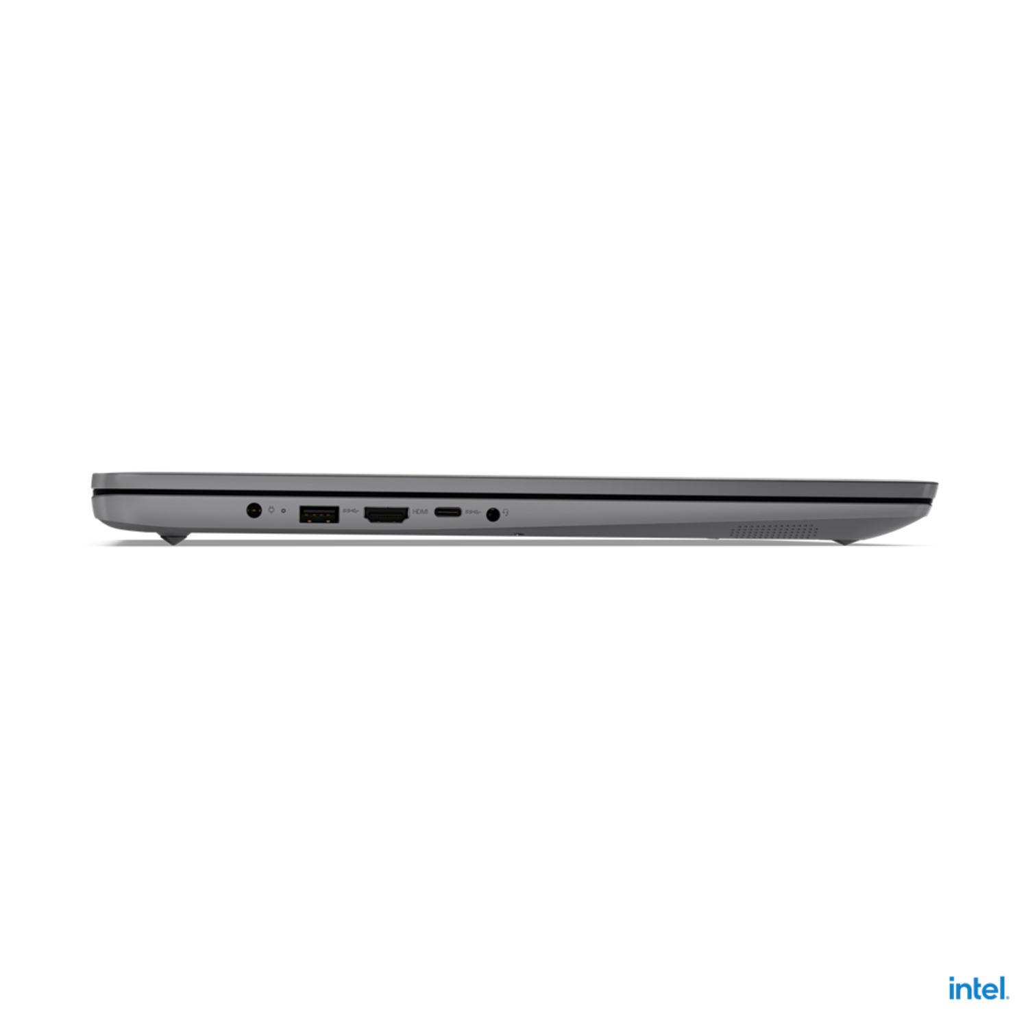 Side view of a gray laptop with ports visible.  HDMI and USB ports on the side.