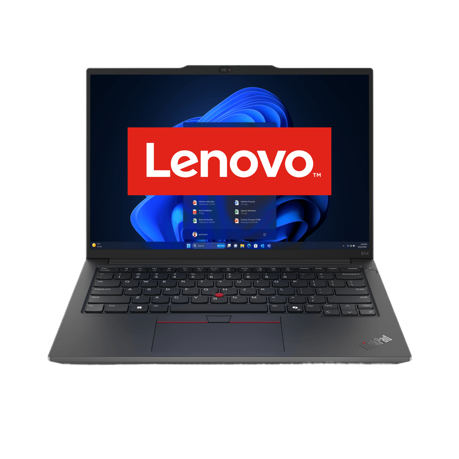 Lenovo laptop met Lenovo logo op het scherm. Zwarte laptop op zwarte achtergrond.