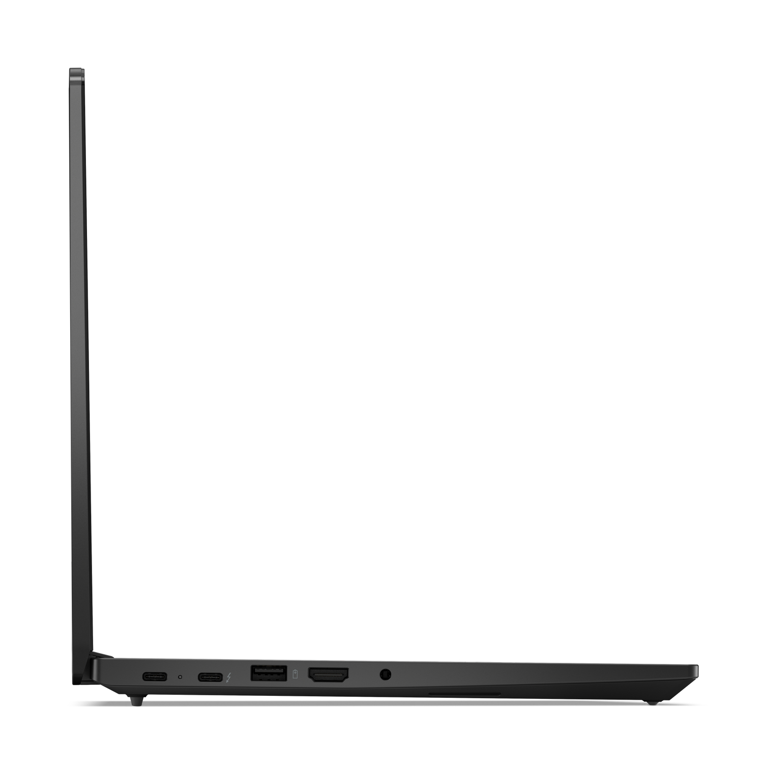 Zijaanzicht van een zwarte laptop met poorten. Het scherm is gesloten.