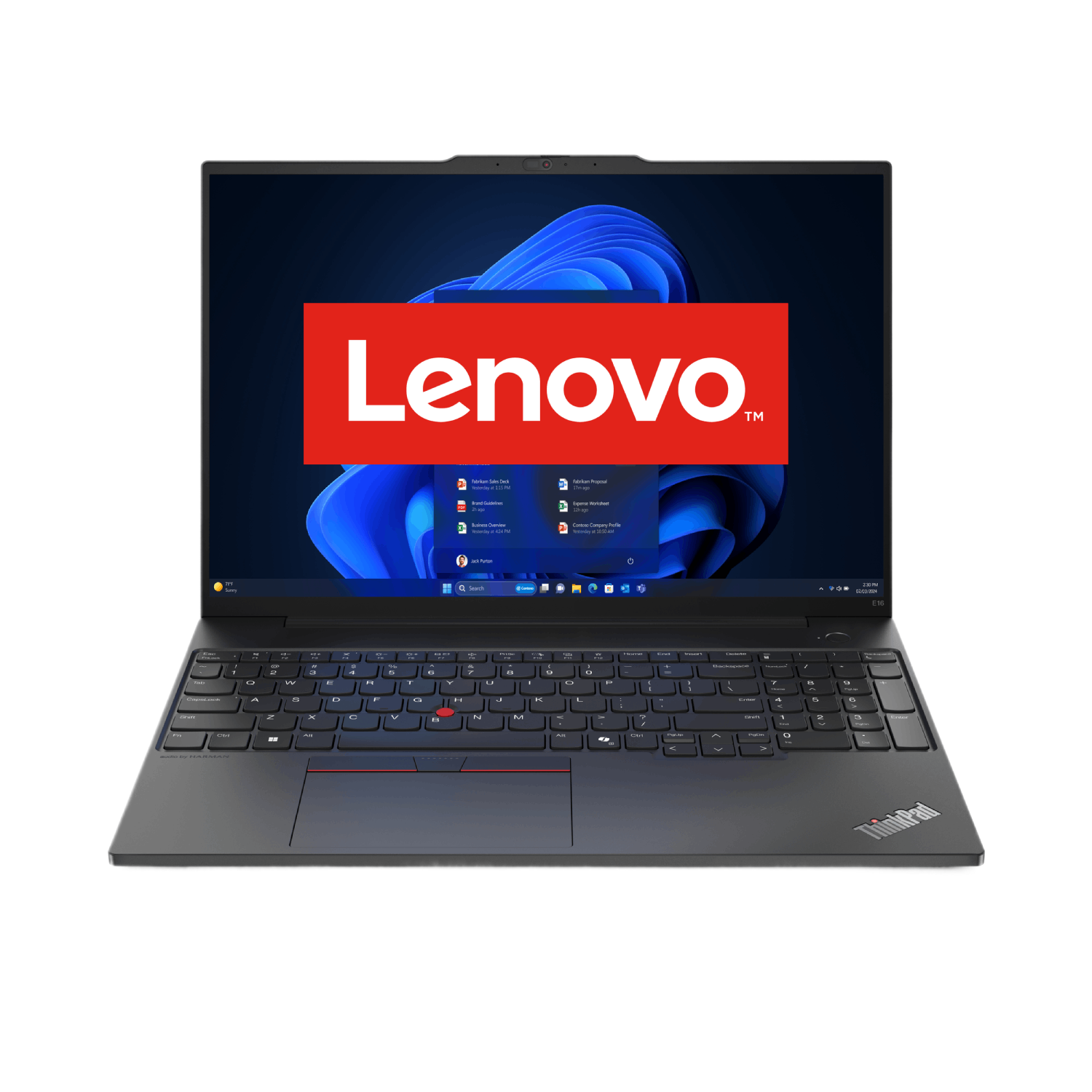 Een Lenovo-laptop met een rood Lenovo-logo op het scherm en een toetsenbord. De achtergrond is zwart.