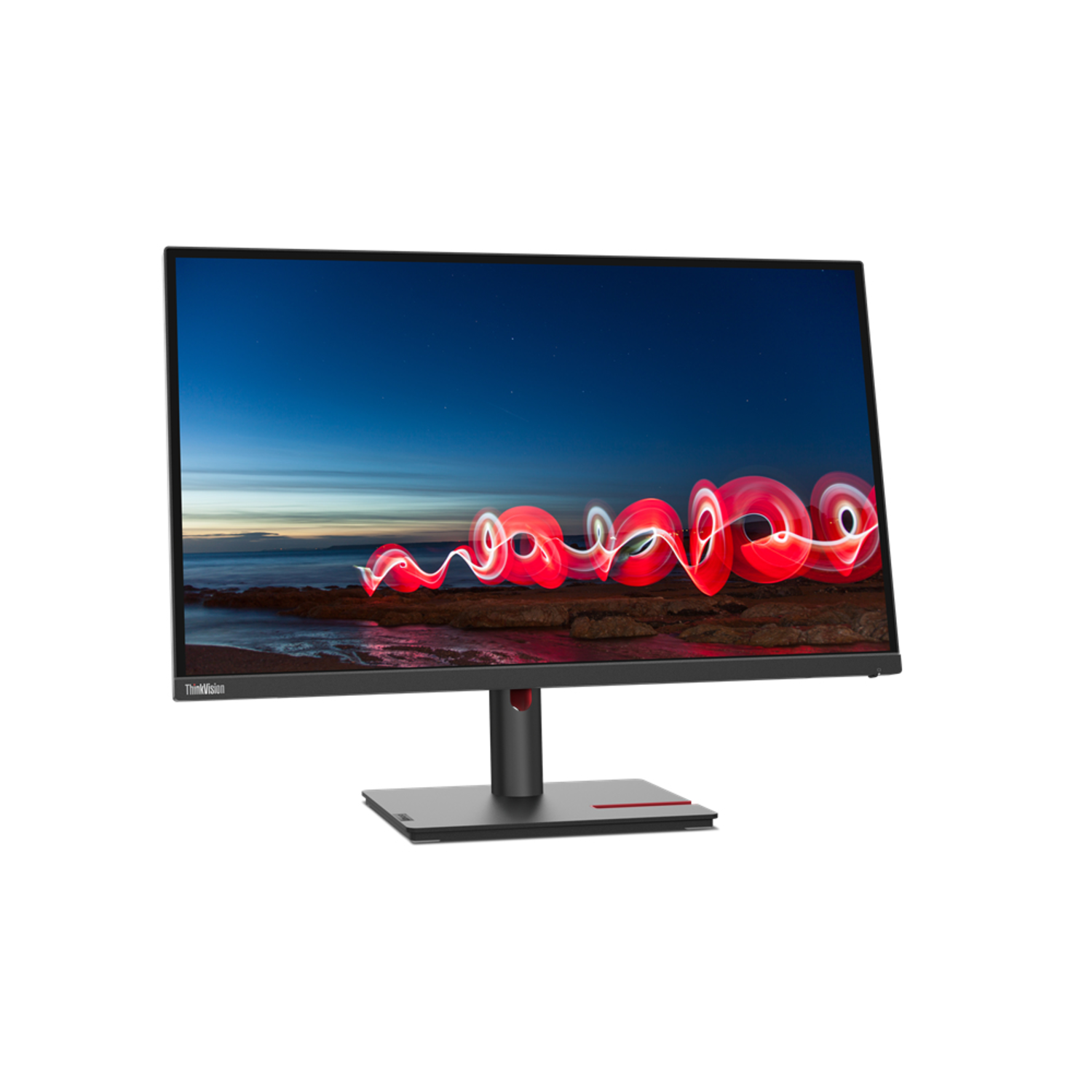 A computer monitor displaying a light painting art scene. A red ribbon design in the background.