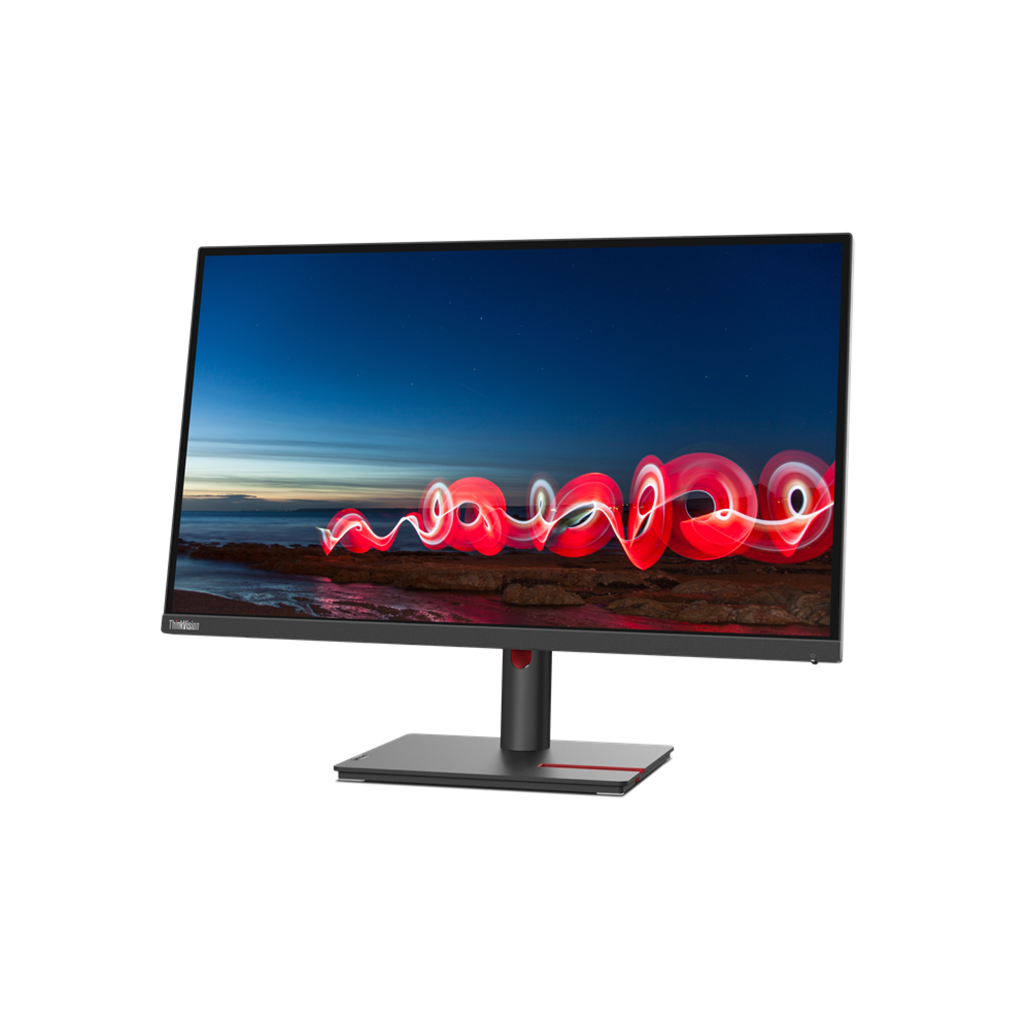 ThinkVision monitor with a dark display. Red and black stand, white background.
