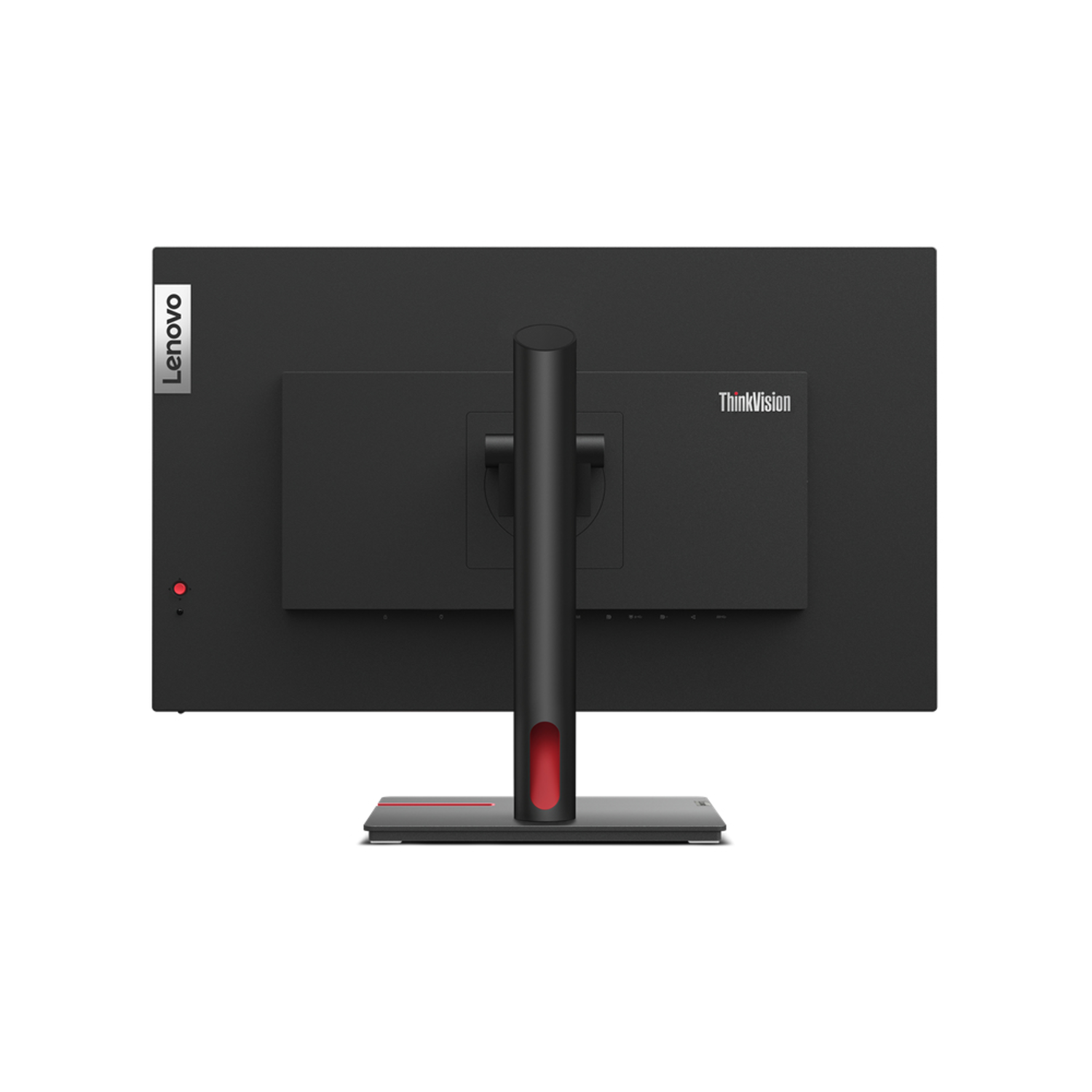 Black Lenovo ThinkVision monitor back view. Stand and base are black and red. White background.