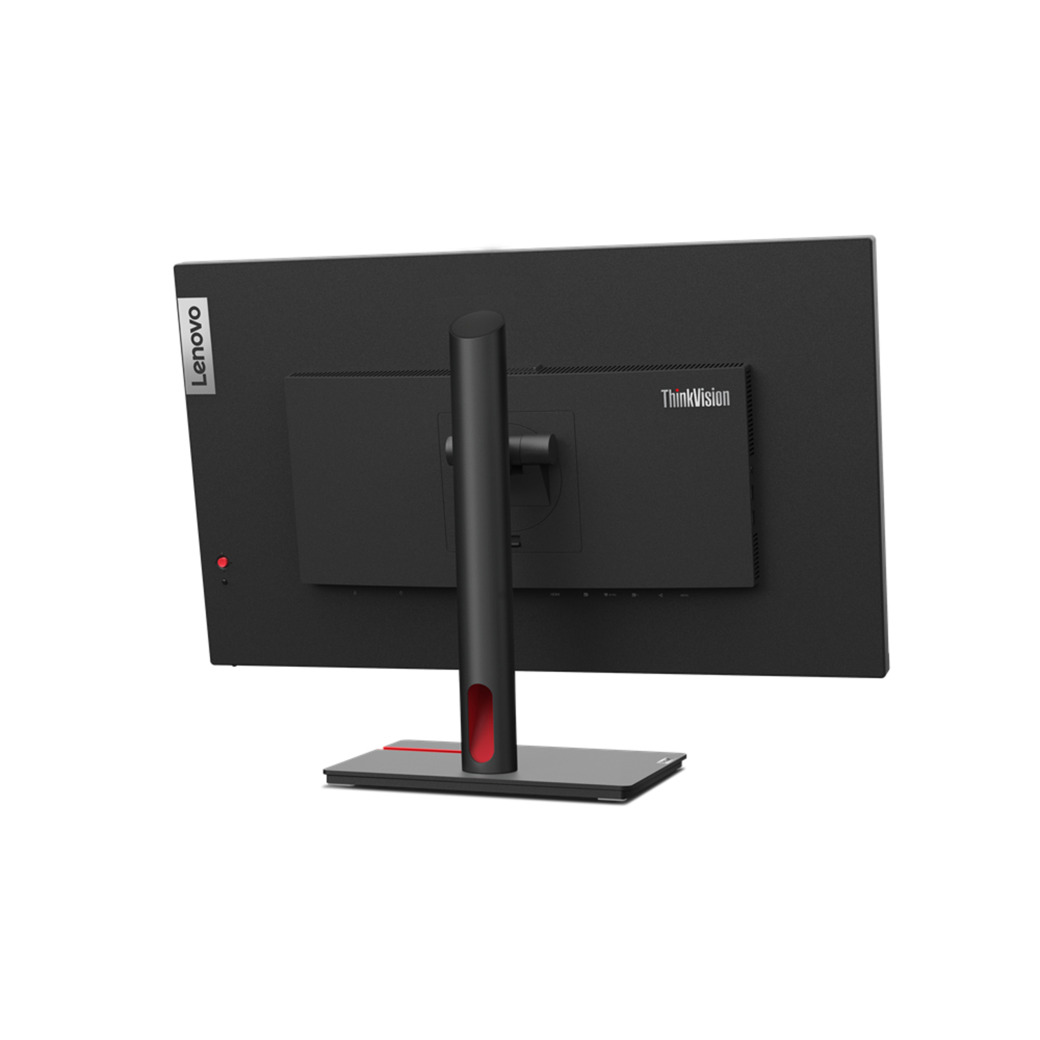 Back view of a Lenovo ThinkVision monitor, showing the stand and brand logo.