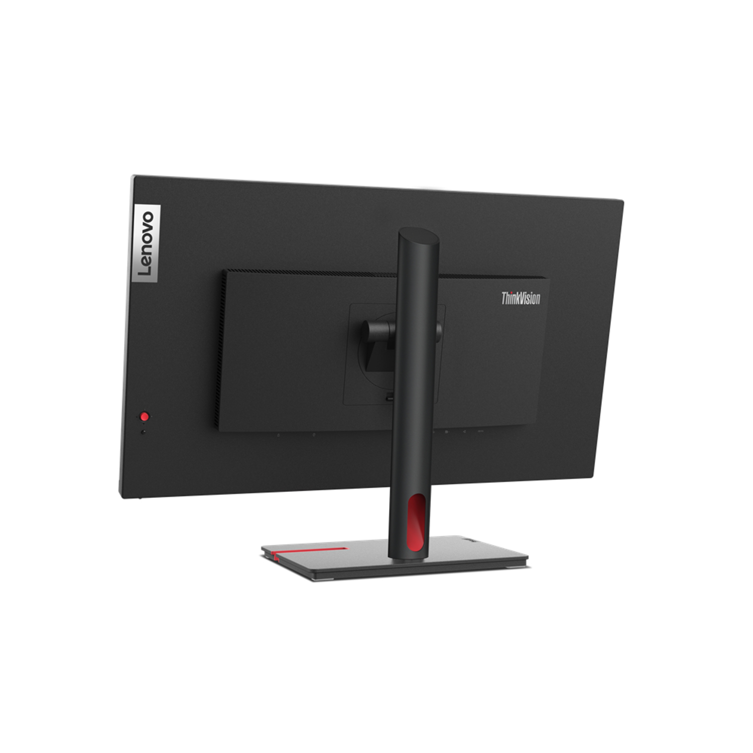 Back of a black Lenovo monitor. Shows the stand, ThinkVision branding, and power button.