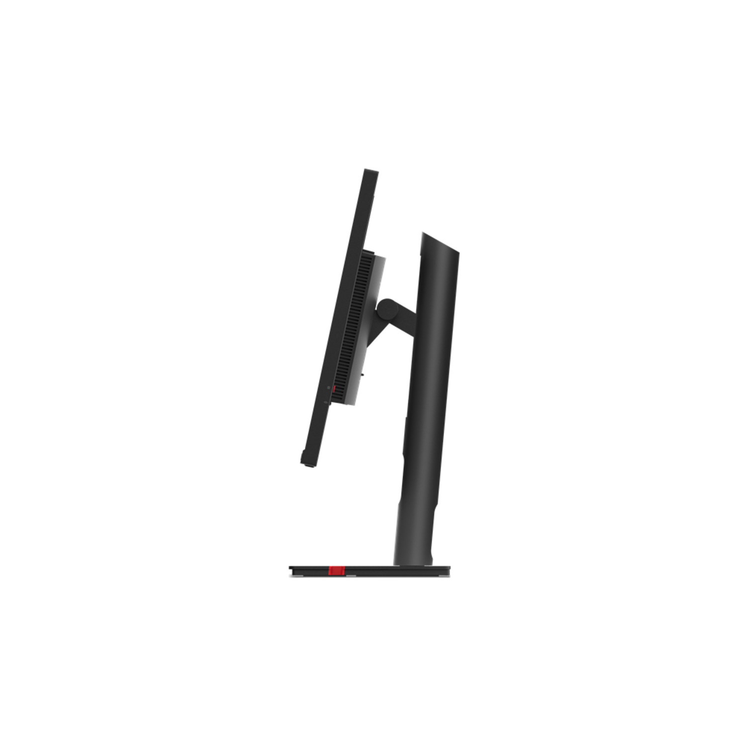 Lenovo monitor from side, black screen, black stand, white background.
