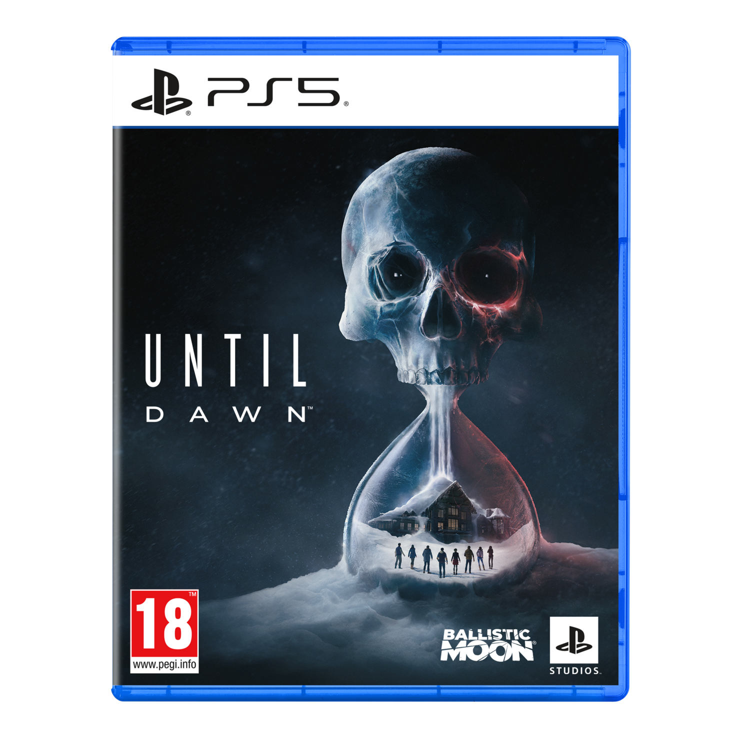 PlayStation 5 gamebox voor 'Until Dawn', met een schedel en een huis in een zandloper.