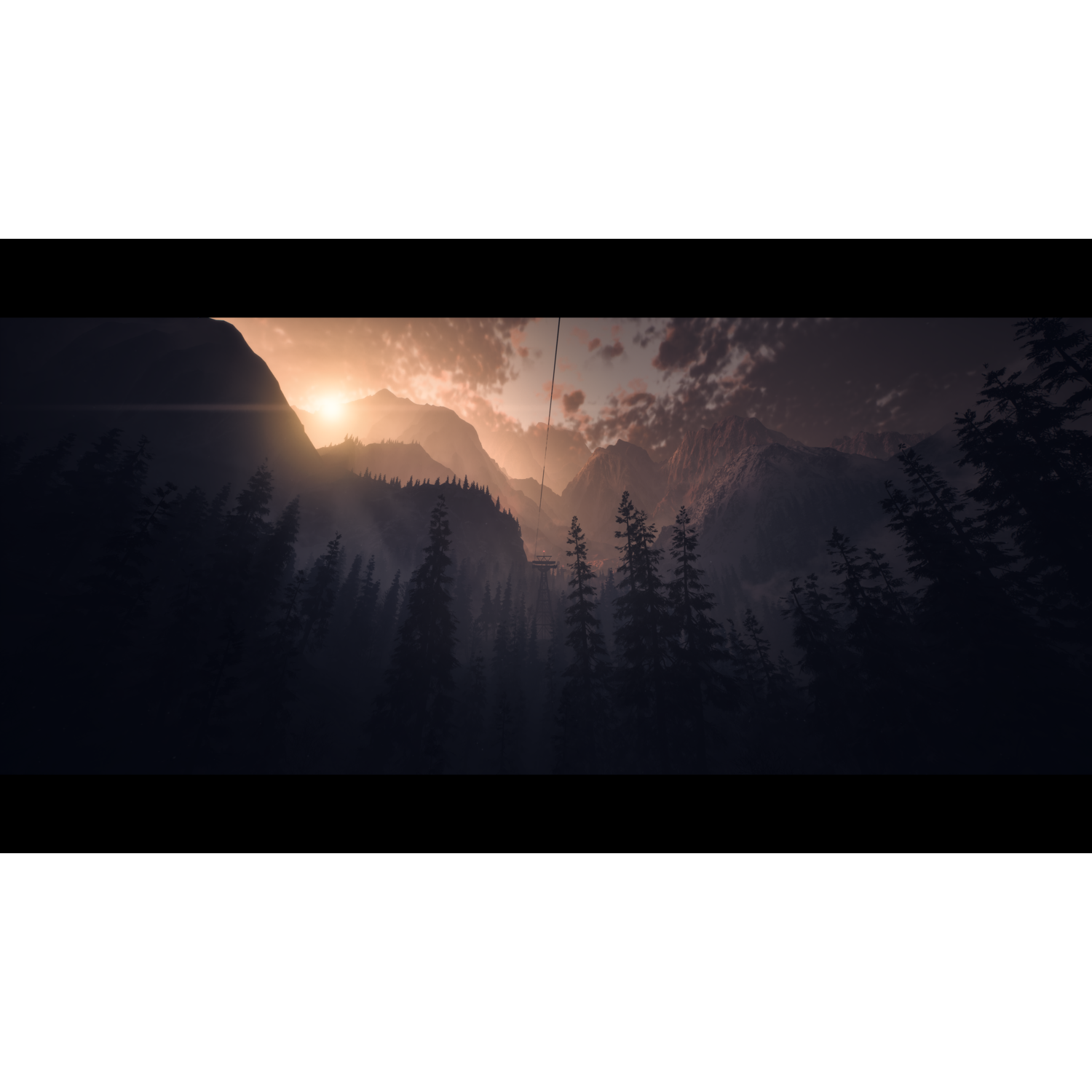 Panoramisch uitzicht op een bergketen met zonsondergang. Bomen op de voorgrond.