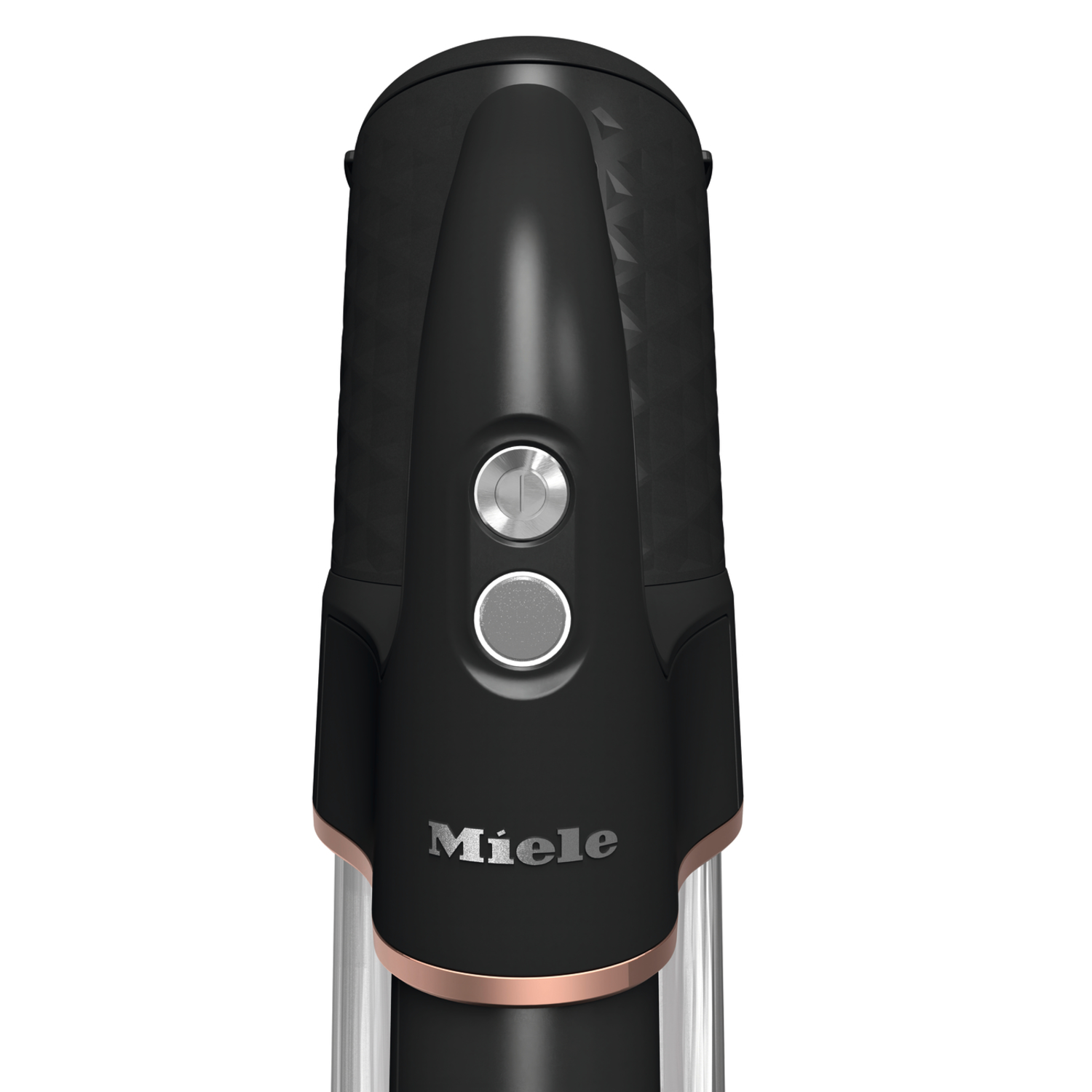 A close-up of a black Miele vacuum cleaner's handle, showing power buttons and copper accents.