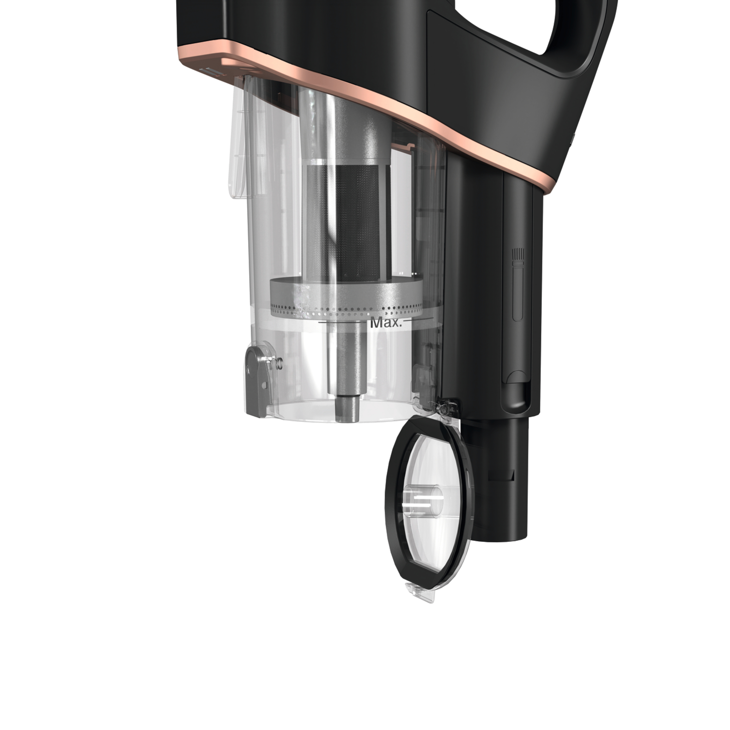 Close up of a vacuum cleaner dust container and filter. Clear plastic with black and copper accents.