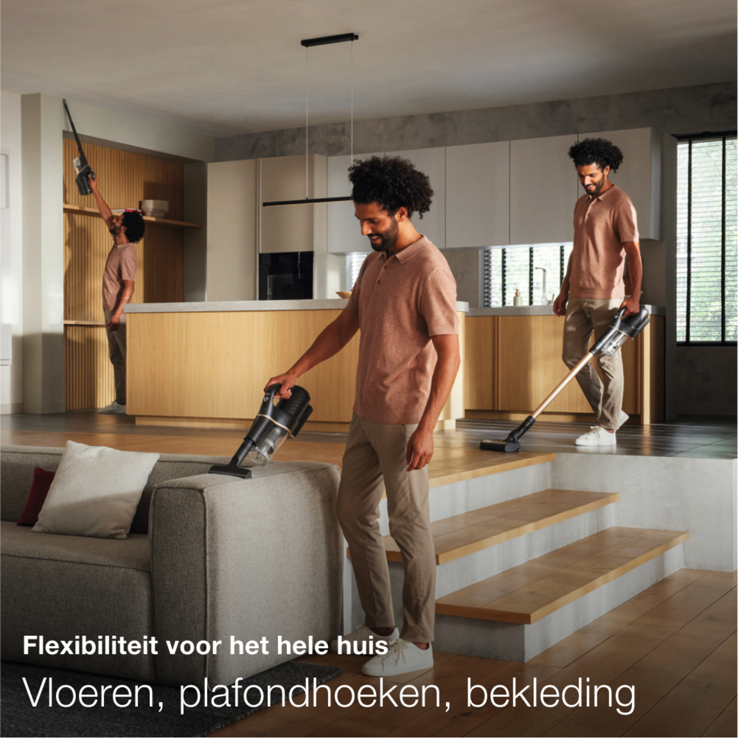 Man vacuuming sofa with vacuum cleaner, with two other images.