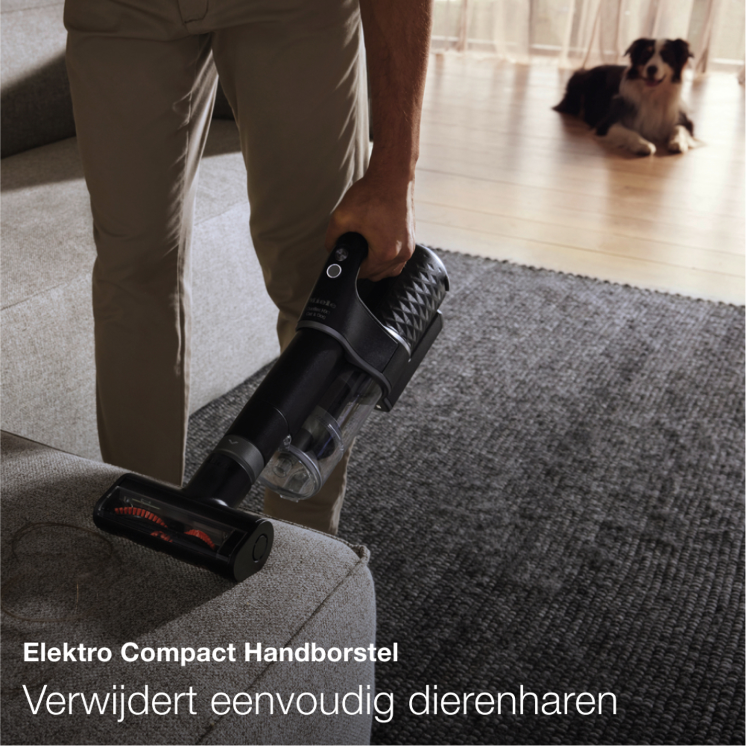 A person using a handheld vacuum cleaner on a grey sofa. A dog is in the background.