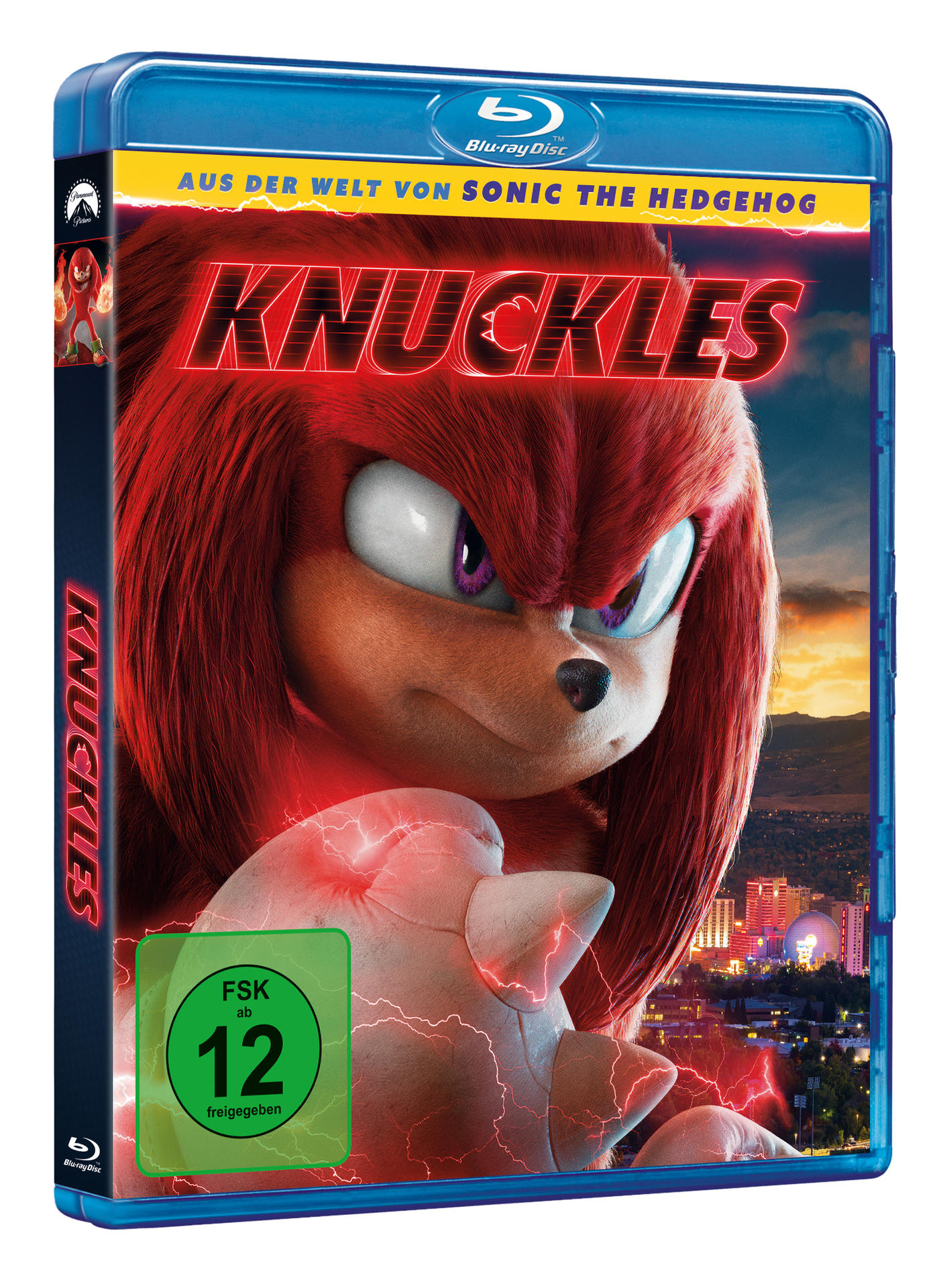 Blu-ray-Hülle für den Film 'Knuckles', mit Knuckles und einer Stadt.