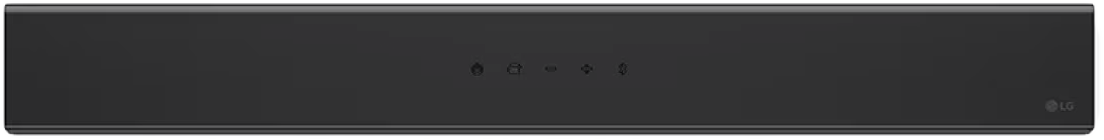Egy fekete soundbar minimalista dizájnnal, néhány vezérlőgombbal és az LG logóval az oldalán.