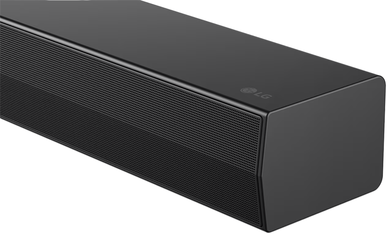 Fekete LG soundbar, téglalap alakú, sok apró lyukkal az elején.