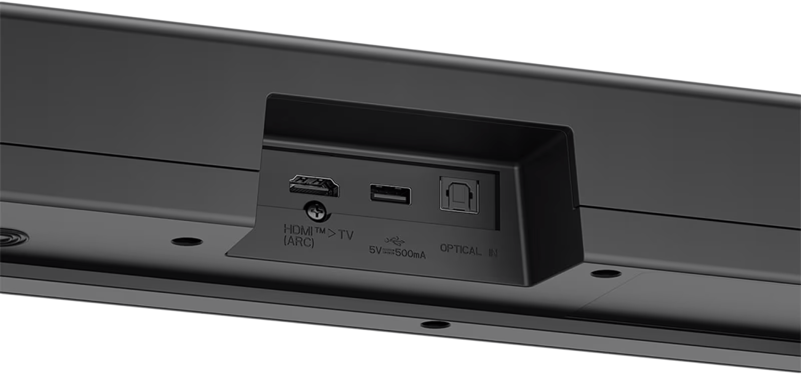 Egy fekete soundbar hátuljának közeli képe portokkal, fehér háttérrel.