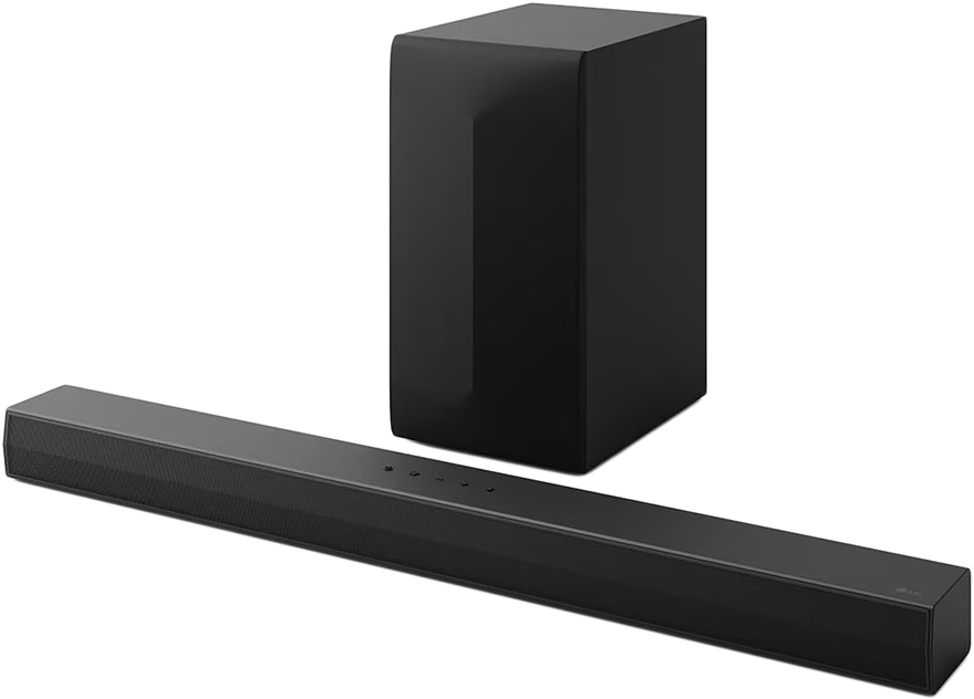 Egy fekete soundbar és egy fekete mélynyomó. Az LG logója látható a soundbaron.