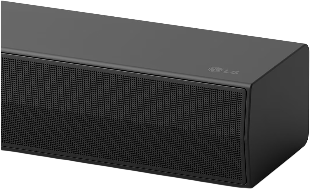 Egy fekete soundbar az LG logóval a jobb felső sarokban. Lyuggatott előlap.