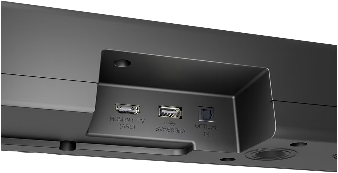 A fekete soundbar hátulján lévő portok közelről. HDMI, USB és Optical In portok láthatók.
