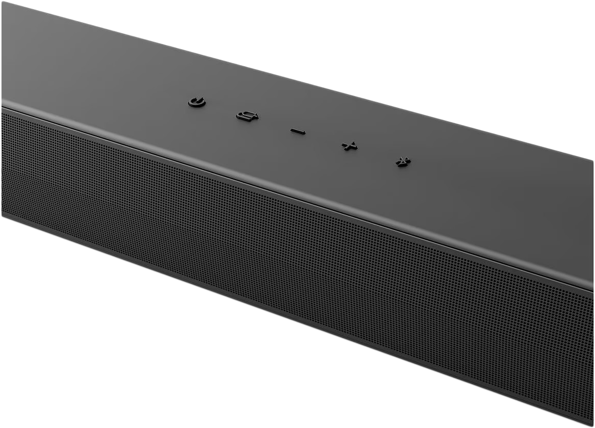 Egy fekete soundbar közelképe, tetején gombokkal, a kamerához képest megdöntve. A felület perforált.