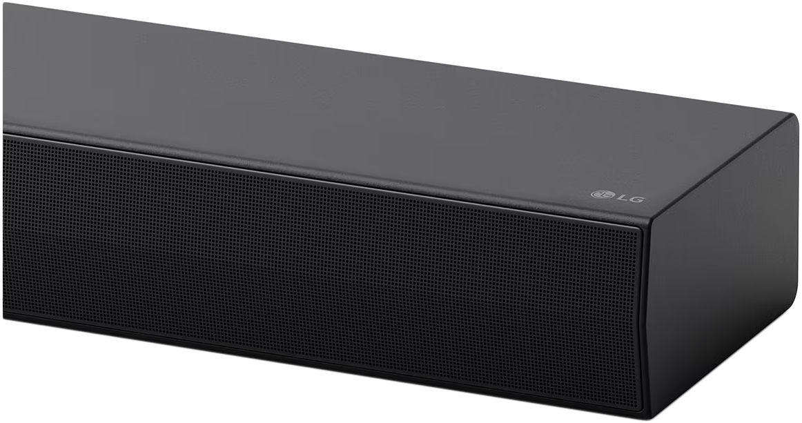 Fekete soundbar hangszóró hálós előlappal és az LG logóval a jobb felső sarokban.